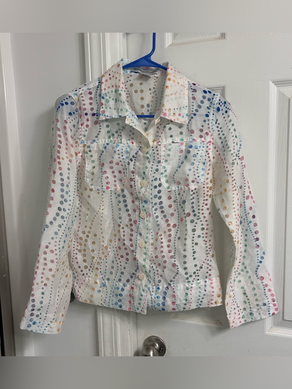 Bamboo Traders White Button-Front Top with Multicolor Dot Print
